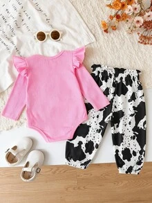 SHEIN 3pcs Baby Girls Romper Pants Headband Pink Cow Print Ribbed Knit Long Sleeve Round Neck Ruffle Bow Button Front Birthday Fall - Multicolor - View 2