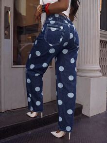 Slaydiva Women's Polka Dot Pattern Casual Denim Loose Curved Leg Dad Jeans - Blue - View 3