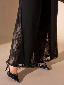 Cravure Plus Size Women's Loose Contrast Lace Jumpsuit, Elegant Party Jumpsuit, Suitable For Daily Wear, Party, Wedding Season, Birthday Party And More - Black - View 6