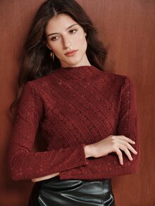 Anewsta Women's Burgundy Lace Fitted Sheer Long Sleeve Inner Top, Commute Date Party Atmosphere T-Shirt, Autumn/Winter - Burgundy - View 5