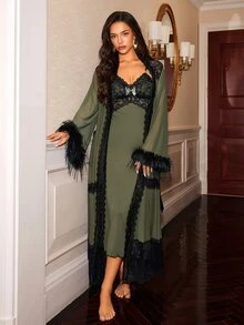 Slumberist Vintage Military Green Feather Cuff Lace Robe 2 Pieces Set, Sexy Hollow Lace Camisole Long Nightgown 2 Pieces Set - Army Green - View 3