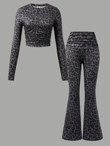 SHEIN 青少年女孩休閒寬鬆純色長袖圓領上衣與喇叭褲兩件套服裝，Teena 健身運動黑色秋季穿搭 - 灰色 - 查看 6