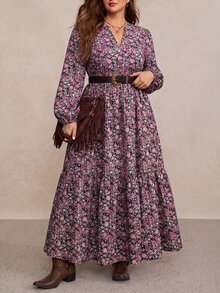 Freevana 女款大尺碼V領長袖長洋裝，碎花洋裝，收腰A字裙，優雅鄉村風穿搭，秋冬女裝 - 粉色 - 查看 5