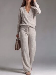 Wandoria French Vintage Style V-Neck Cross Front Long Sleeve Knit Top & High Waist Drawstring Slimming Straight Leg Pants Set - Apricot - View 5