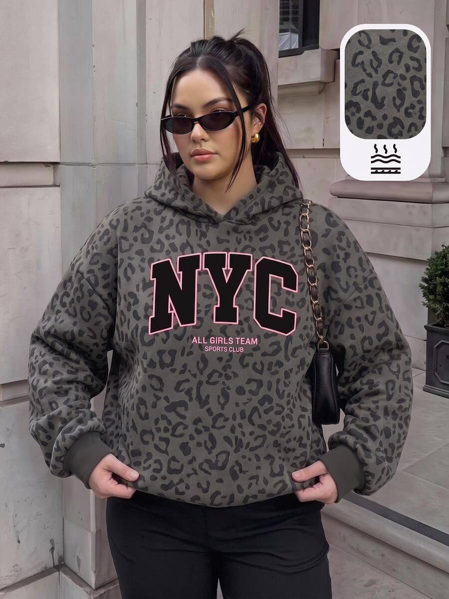 Solflare 女款冬季連帽運動衫,黑色與粉色復古美式豹紋對比色字母 NYC 圖案,秋季日常休閒 Y2K 風格 - 彩色 - 查看 1