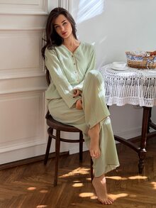 DAZY Women's Long Sleeve Single-Breasted Top And Pants Pajama Set - Green - View 6