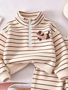 Infant Girls Pink Leopard Print Fleece Two Pieces Set, Half-Zip Stand Collar Top + Wide Leg Pants, Thick Plush Lining, Stamp - Multicolor - View 3