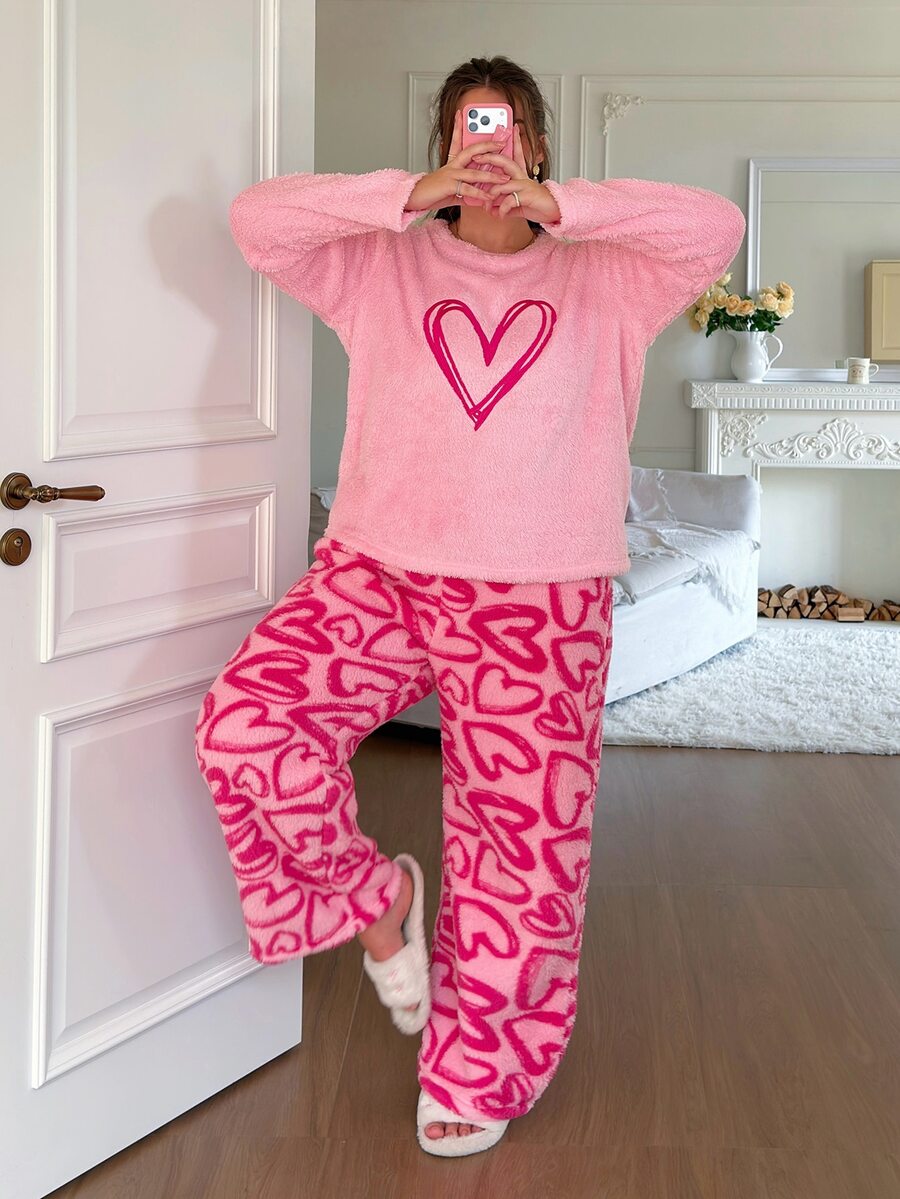 Slumberry CURVE Plus Size Women's Heart Pattern Long Sleeve Top And Pants Casual Daily Home Sleepwear Set - Multicolor - View 1