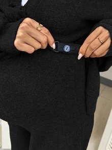 SHEIN 秋季孕婦純色前綁帶落肩長袖外套與可調腰寬腿褲休閒兩件套 - 黑色 - 查看 3
