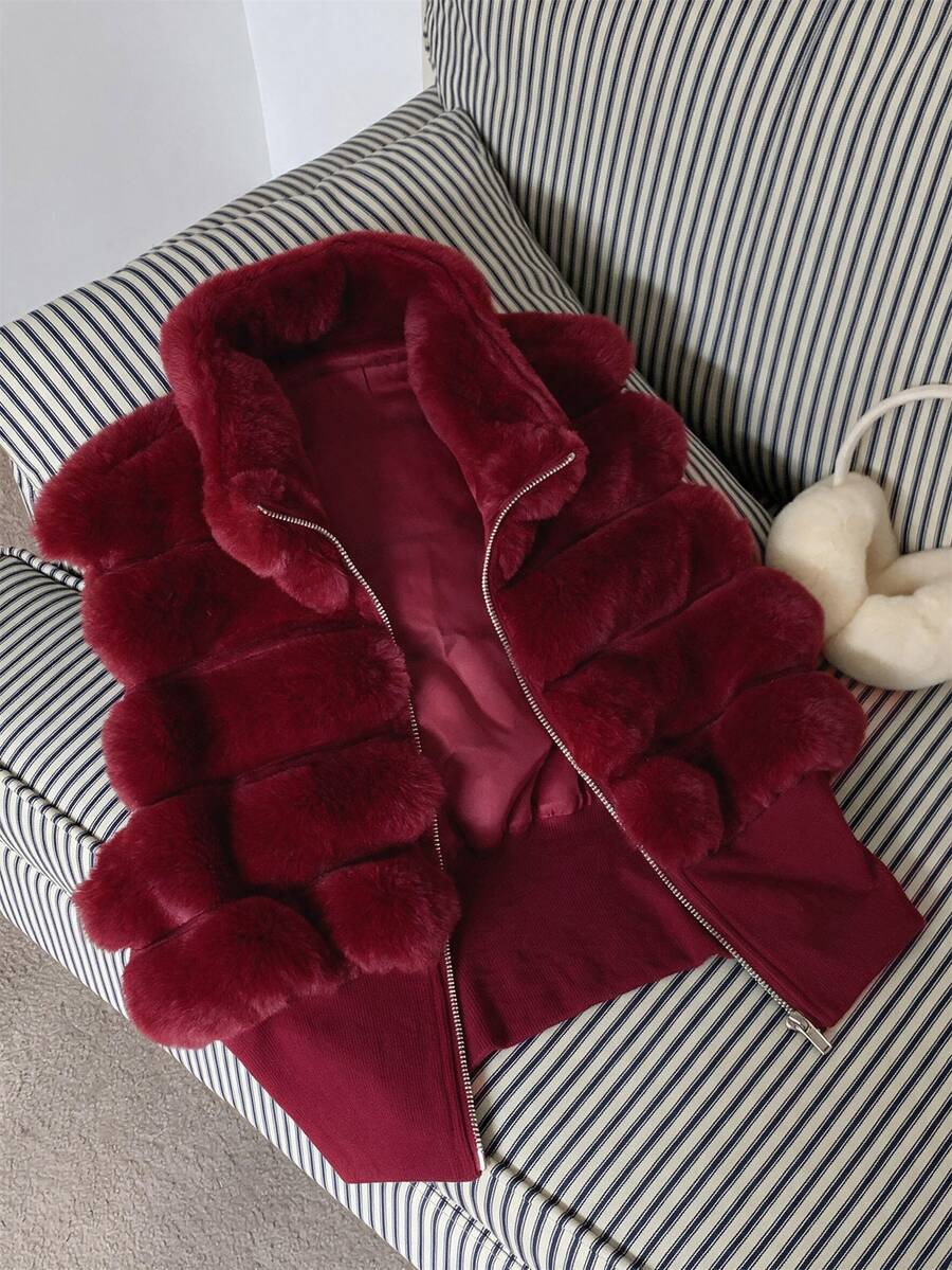 Comfortcana Plus Size Women's Casual Faux Fur Vest Faux Fur Jacket Suitable For Outdoor Wear Winter,Micro Short,Fur - Burgundy - View 1