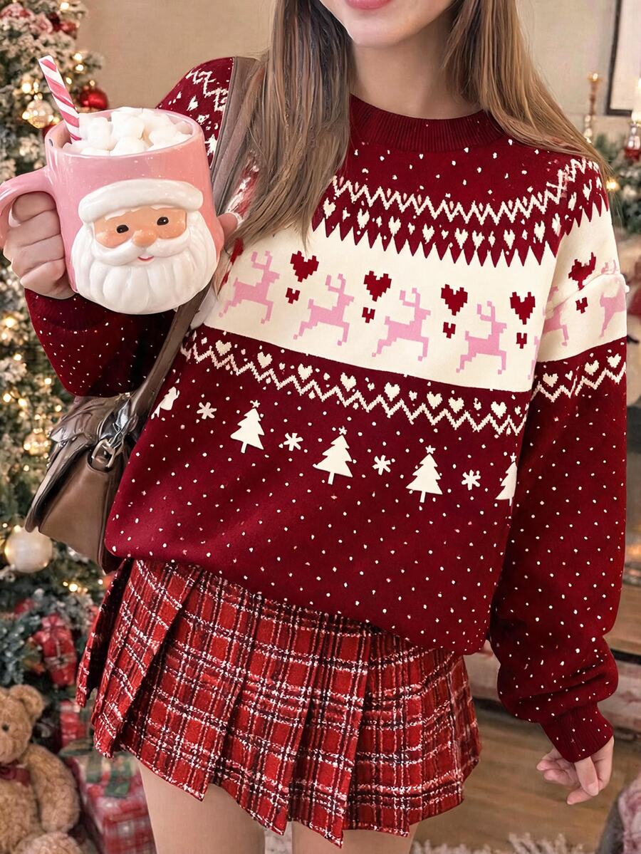 青少年女孩酒紅色復古甜美迷你波點馴鹿聖誕樹費爾島圖案印花時尚舒適抓絨內裡寬鬆圓領衛衣新款,適合秋冬日常、假期、歡樂度假、節日派對、家庭/姐妹穿搭,女孩聖誕禮物、新年,舒適氛圍 - 彩色 - 查看 1