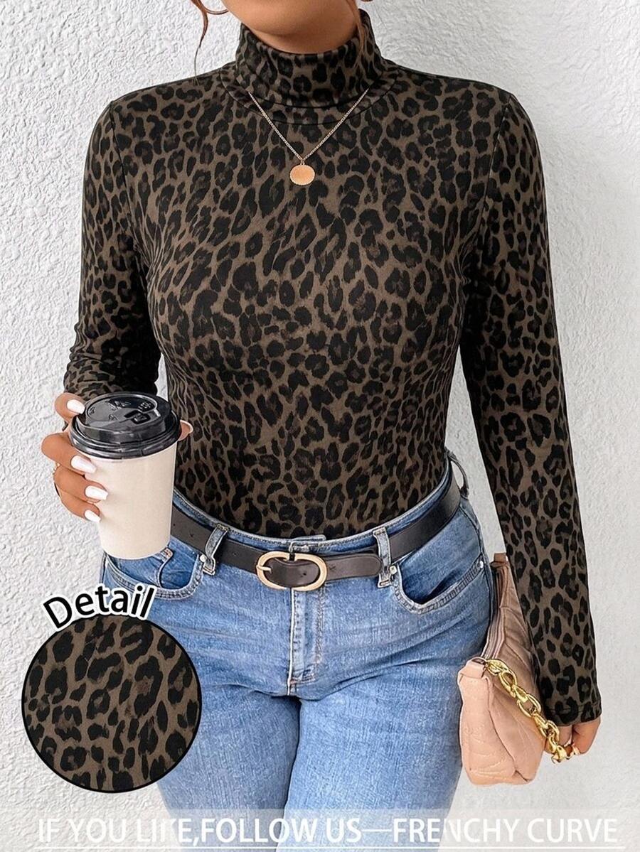 Lounesse Plus Size Leopard Print High Neck Long Sleeve T-Shirt - Slim Fit, Soft Fabric, Simple And Elegant Design, Double Layer Thickened, Suitable For Winter Workplace And Formal Occasions - Multicolor - View 1
