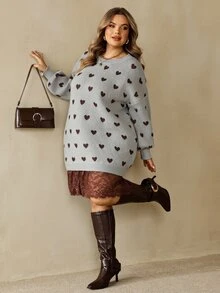 SHEIN CURVE+ فستان نسائي كاجوال يومي محبوك بمقاسات كبيرة مع تطريز دانتيل وطباعة كاملة للشتاء والكريسماس - رمادي - مشاهدة 6