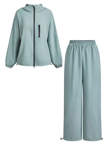 SHEIN BASICS Women's Solid Color Long Sleeve Hooded Jacket And Pants Casual Daily Sports Set - Mint Green - View 7