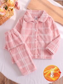2件組粉色格紋滿版印花法蘭絨居家服套裝，保暖內裡加厚，甜美基礎經典格紋風，秋冬女童款 - 粉色 - 查看 7