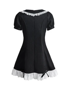 ROMWE Women's Mini Dress Short Dress Peter Pan Collar Rabbit Scissors Eagle Bow Lace Black & White Goth Fairy Tale - Black - View 2