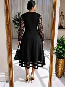 SHEIN Lady Plus Size Women's Contrast Lace Long Sleeve Round Neck Elegant Dress - Black - View 5