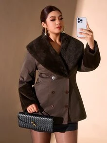Cravure Plus Size Autumn/Winter Long Sleeve Patchwork Plush Collar Cinched Waist Padded Padded Coat - Coffee Brown - View 4