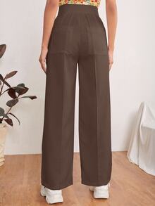 SHEIN PETITE Zipper Solid Dual Pocket Tailored Black Pants In Fall/Winter ,Petite Women - Coffee Brown - View 2