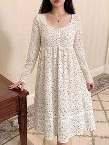 Dazy Kids Teen Girl Long Sleeve Floral Patchwork Dress, Autumn Home Wear - White - View 5