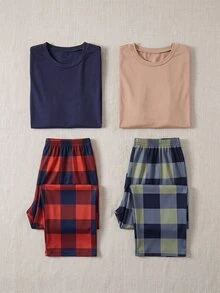 4件組青少年睡衣套裝，藍灰色格紋短袖上衣與長褲，柔軟舒適透氣針織布料，百搭易搭配，可機洗 - 彩色 - 查看 6