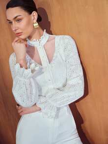 MOTF PREMIUM WOMEN'S AUTUMN/WINTER LACE RUFFLE HIGH NECK FRONT-OPENING LONG SLEEVE BLOUSE - White - View 3