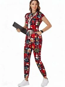 TaskEZ Scrub Uniform Jumpsuit, Christmas Santa Plaid Women's Nurse Scrub Uniform, Surgical Scrub, Healthcare Worker Scrub Uniform, Matte Printed Jumpsuit With Shoulder Sleeves, 4 Pockets And Waist Drawstring - Multicolor - View 8