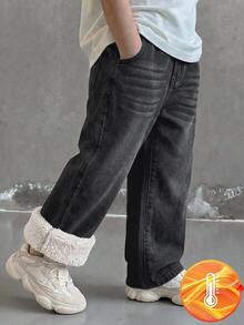 SHEIN Little Byeori 小男孩保暖內裡休閒寬鬆牛仔長褲，附口袋 - 黑色 - 查看 2