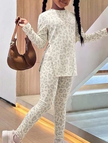 青少年女孩豹紋長袖T恤與長褲休閒日常兩件套 - 彩色 - 查看 4