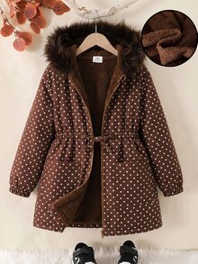 SHEIN Tween女孩寬鬆休閒連帽極簡純色收腰長袖百搭風衣秋季外套 - 棕色 - 查看 5