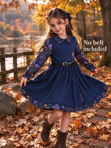 SHEIN Tween Girl Floral Digital Print Ribbed Mock 2-Piece Dress Elegant Ruffle Long Sleeve Peter Pan Collar Fall Winter High Waist Flared A-Line Midi Dress - Royal Blue - View 3