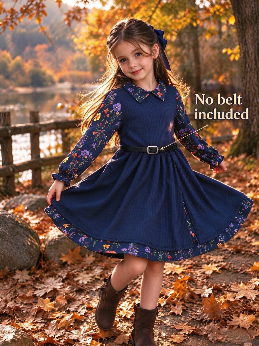 SHEIN Tween Girl Floral Digital Print Ribbed Mock 2-Piece Dress Elegant Ruffle Long Sleeve Peter Pan Collar Fall Winter High Waist Flared A-Line Midi Dress - Royal Blue - View 1