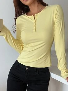 DAZY Long Sleeve Half Button Down Henley T-Shirt,Fall Clothes - Yellow - View 4