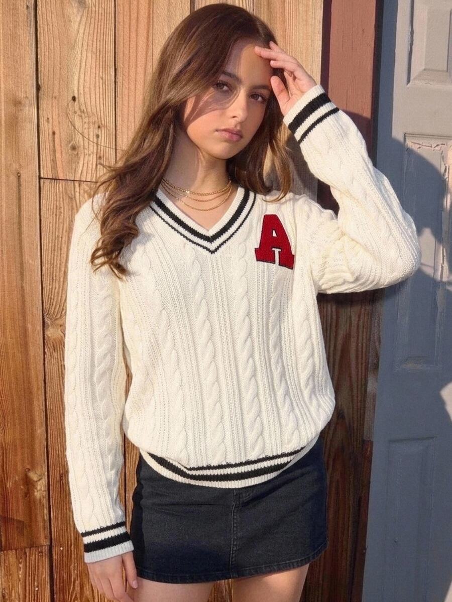 SHEIN 青少年女孩秋冬休閒學院風美式復古黑白對比色V領寬鬆針織套頭毛衣 - 黑與白 - 查看 1