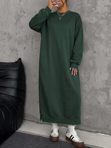 SHEIN EZwear 大尺碼寬鬆休閒長版抓絨衛衣洋裝，秋冬款 - 墨綠色 - 查看 3