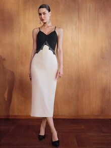 MOTF PREMIUM WOMEN'S AUTUMN/WINTER COLORBLOCK CONTRAST LACE CEREMONIAL CAMISOLE DRESS - Black - View 4