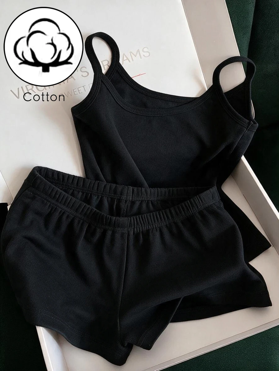 Franclia Women's Casual Vacation Solid Color Camisole Top And Shorts 2 Pieces Set - Black - View 1