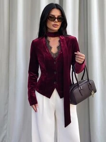 Firerie Autumn/Winter Atmosphere Velvet Top With Scarf Tie, V-Neck Lace Trim Patchwork, Slim Fit Flattering Blazer Jacket - Burgundy - View 4
