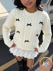 Tween Girl Bow Decor Twisted Long Sleeve Sweater - White - View 1