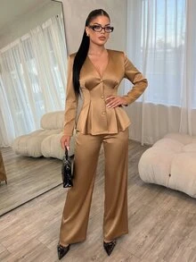 Vavine Gold-Trimmed V-Neck Waist-Cinching Two Pieces Set For Women, High-End Wide-Leg Pants - Gold - View 4