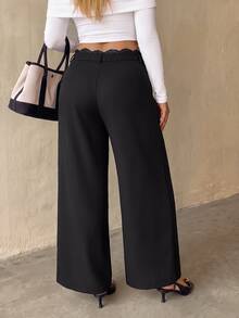 Auralis Black Elegant Commute Daily Lace Patchwork Waist Pleated Slimming Straight Leg Pants/Plus Size Suit Pants - Black - View 2