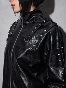 ROMWE Grunge Punk Punk Stand Collar Lace-Up Cropped Leather Jacket With Rivet Decor Women's Regular Outerwear - Black - View 4