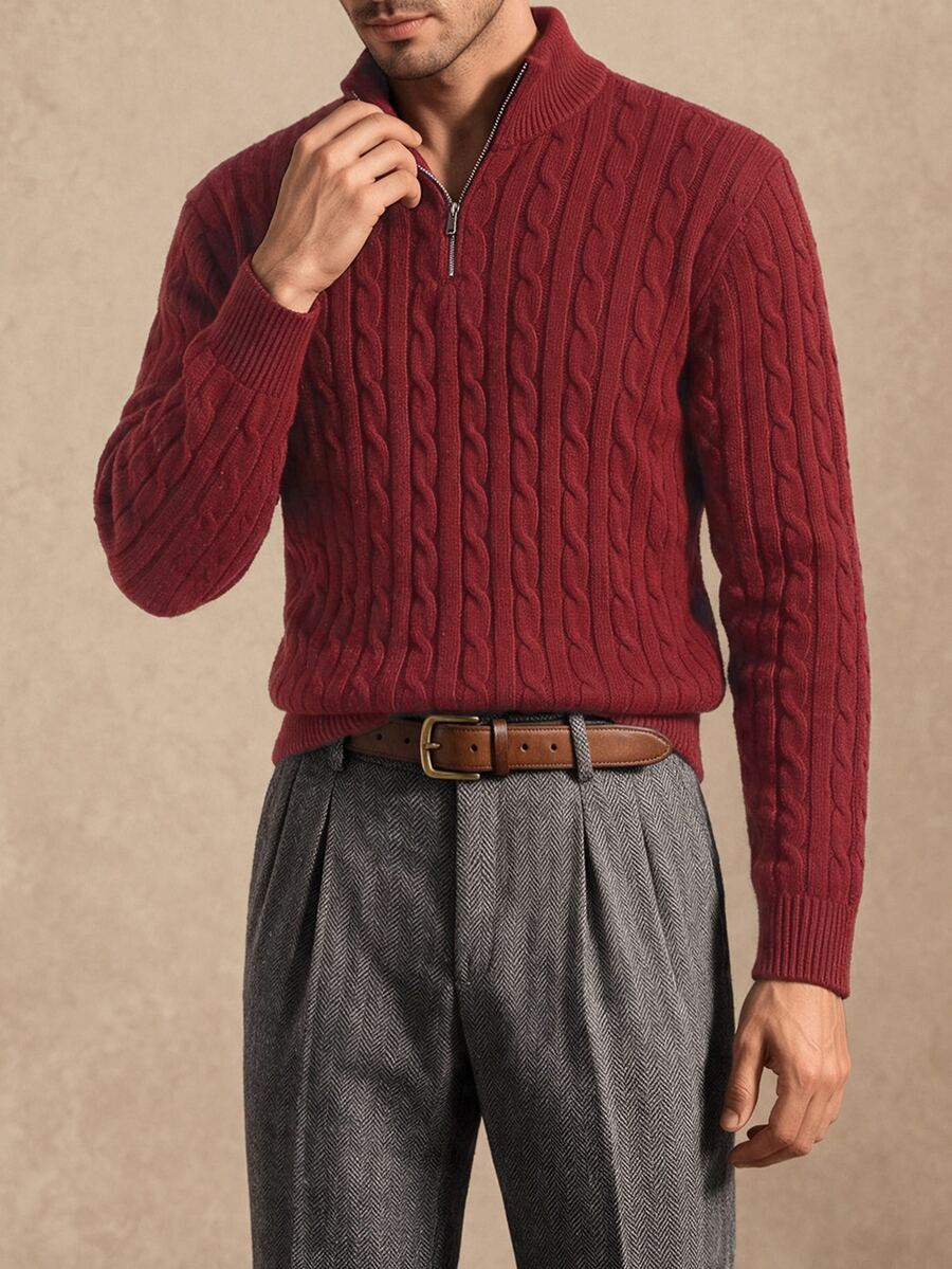 Core Aspect Autumn/Winter Men's Deep Red Twisted Rope Collar Knit ...