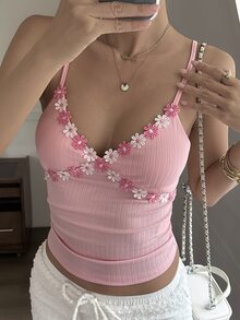 DAZY 春夏 3D花卉拼接撞色修身浪漫休閒女款細肩帶背心上衣 - 粉色 - 查看 7