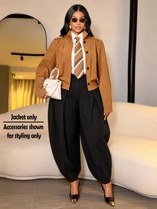 SOLERSUN Plus Size Short Orange Jacket, Stand Collar, Shoulder Patch Design, Long Sleeve, Front Pleated Design, Autumn Casual Short Jacket - Brown - View 1