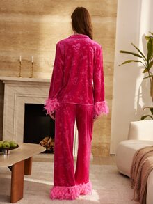 Moireta Women's Mature Elegant Glossy Embossed Velvet Lapel Feather Patchwork Long Sleeve Pants Pajama Set - Hot Pink - View 2