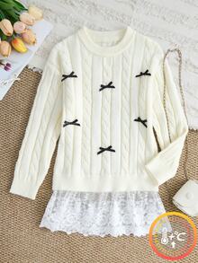 Tween Girl Bow Decor Twisted Long Sleeve Sweater - White - View 3