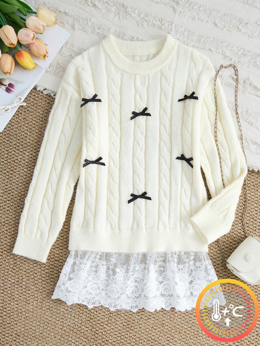 Tween Girl Bow Decor Twisted Long Sleeve Sweater - White - View 1