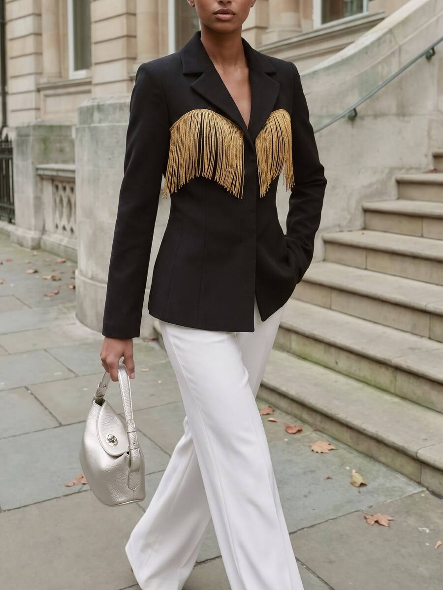 Vesra Áo blazer nữ phối màu đen & vàng với tua rua - màu đen - Xem 1
