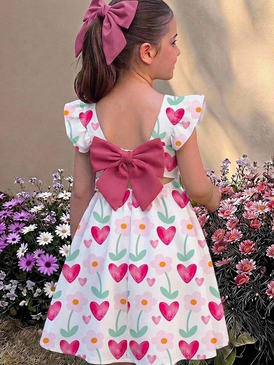 SHEIN 少女蝴蝶結裝飾花卉印花休閒夏季洋裝 - 粉色 - 查看 1